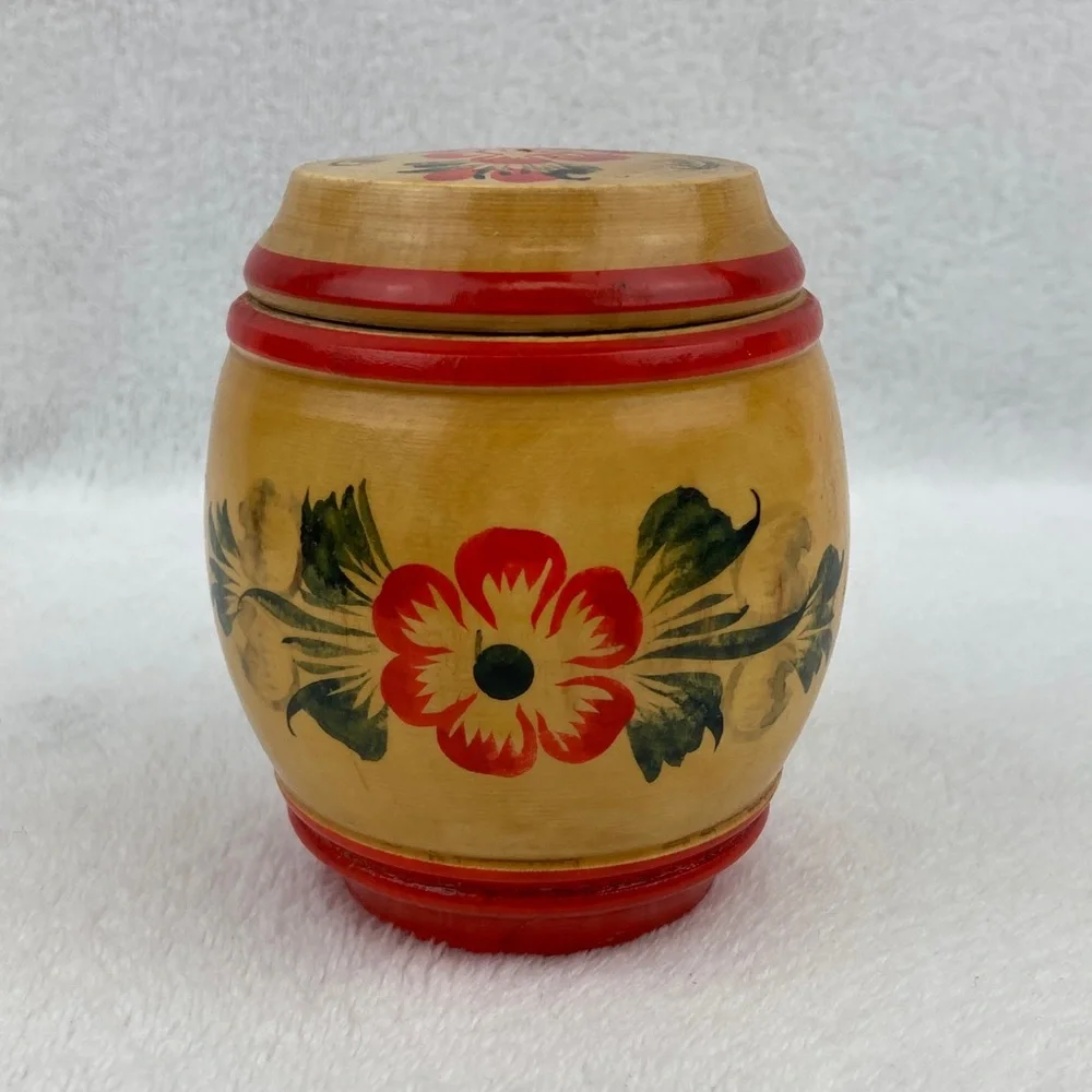 VTG 1973 Russian Hand-Painted Floral Wooden Container with Lid 4”